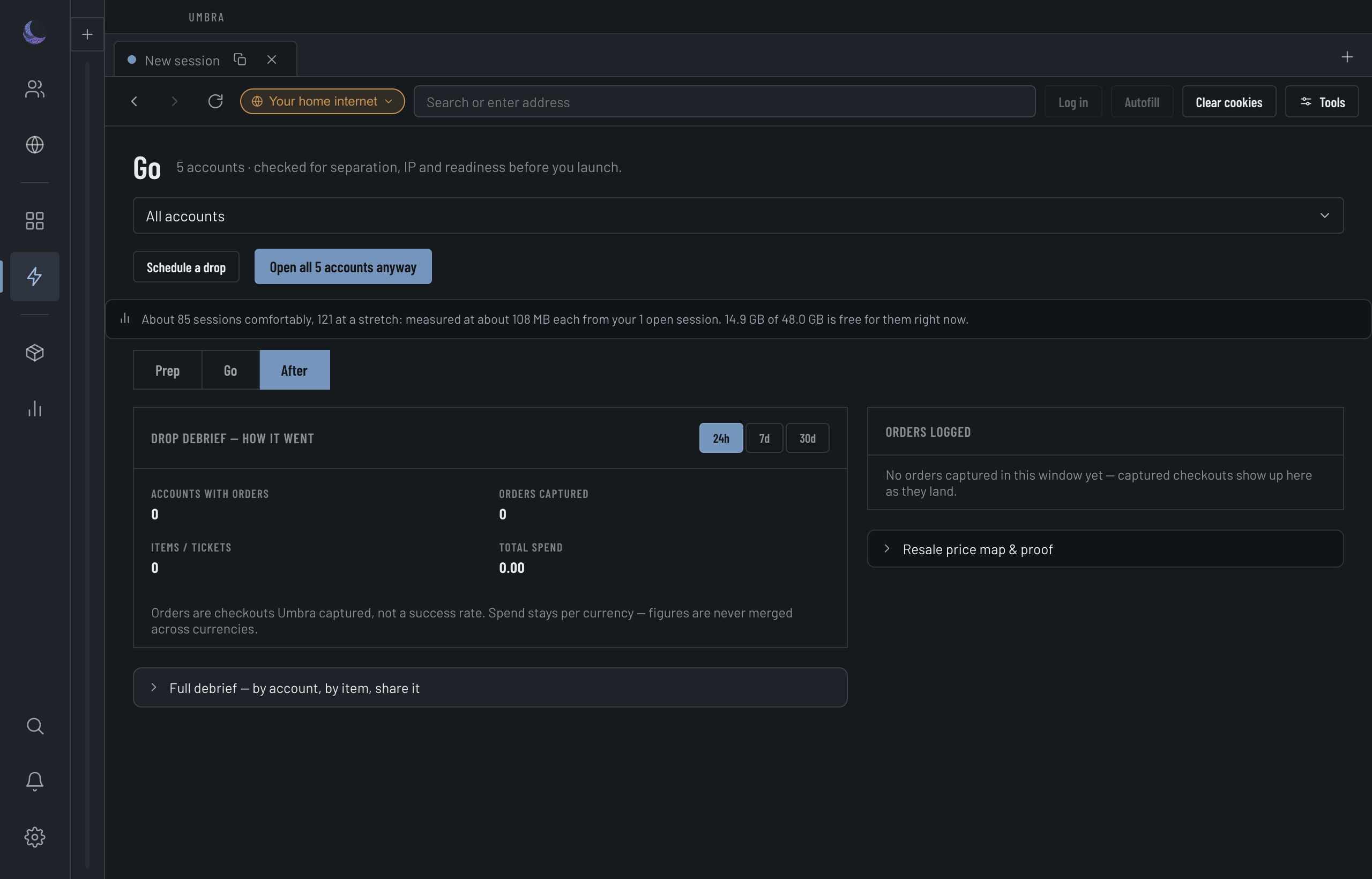 The drop debrief: per-currency spend tiles, a by-Account table of orders, tickets and spend, and a top-items list.