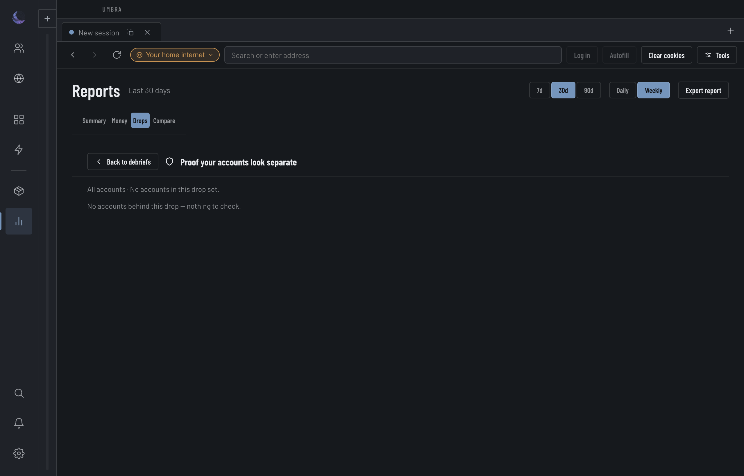 The proof panel: a per-Account table with verdict, exit, WebRTC, region and fingerprint columns, the exit and WebRTC cells reading 'Not checked' until a session is probed.