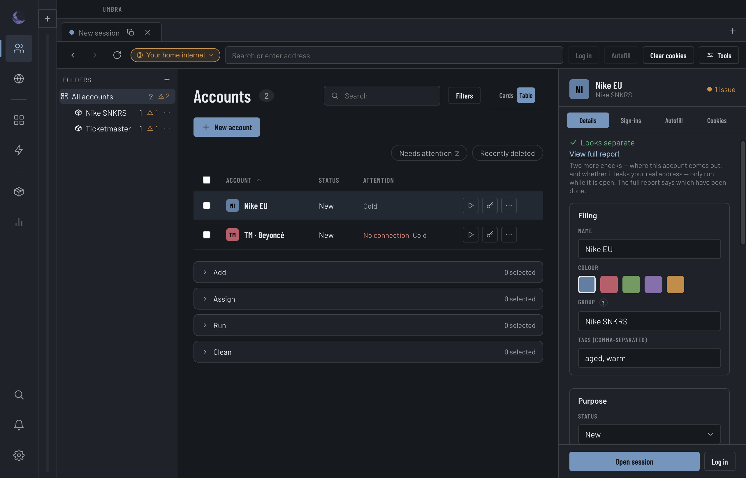 The Accounts screen: a table of identities with status and separation chips on the left, the inspector for the selected Account on the right.
