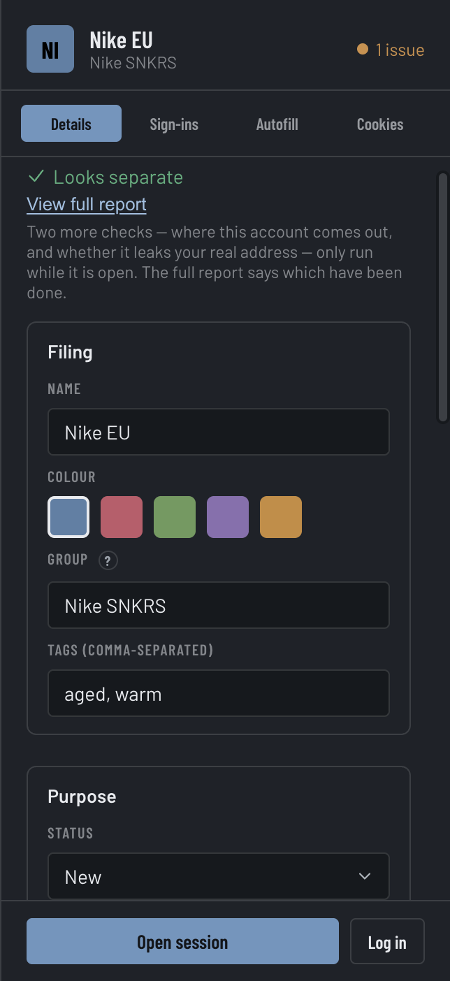 The inspector's Sign-ins panel: saved sign-ins for the Account, a Log in button, and a Codes fold.