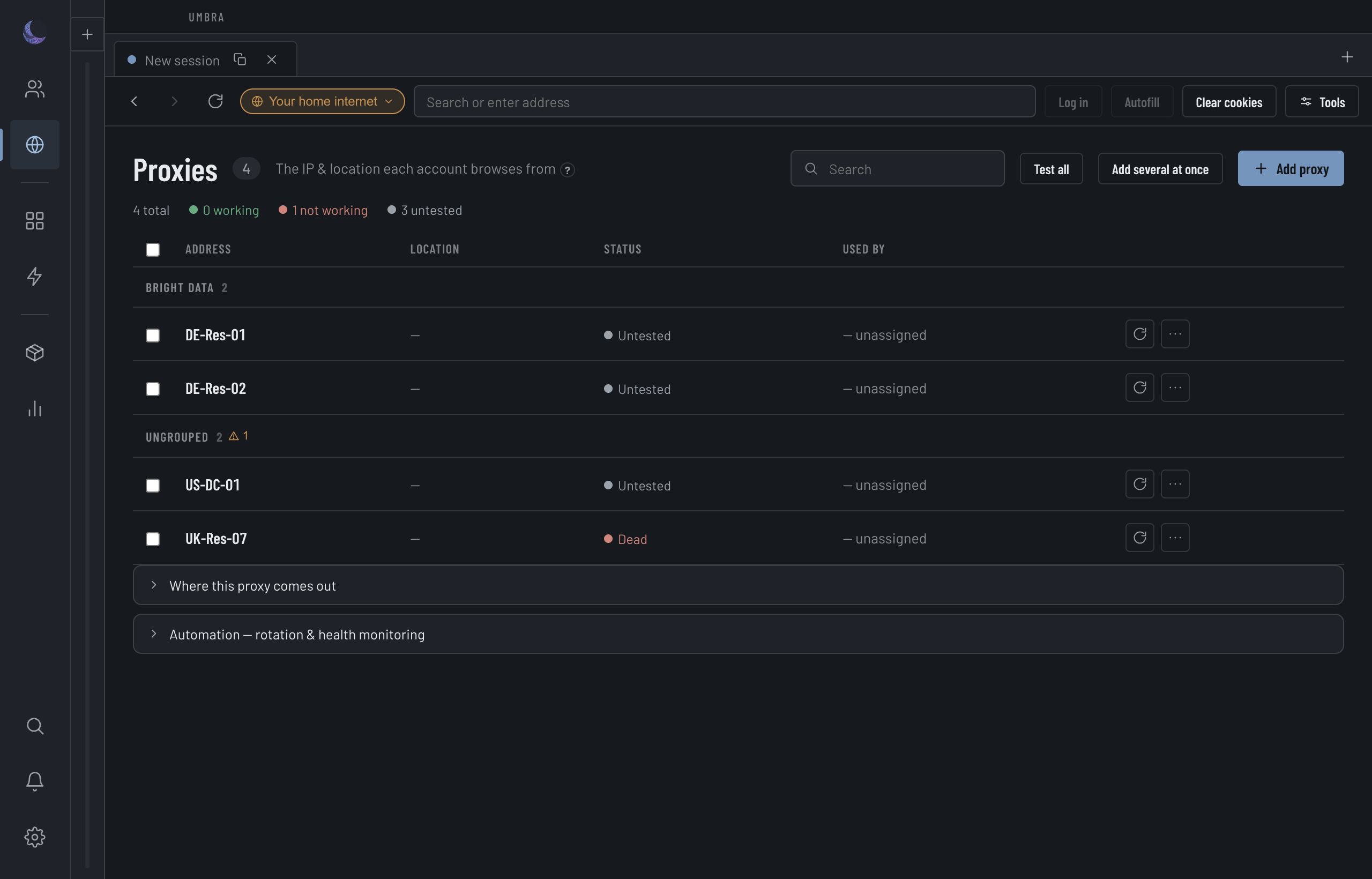 The Connections page: a result strip above a table of exits with host, port, credentials, country, ISP and speed.