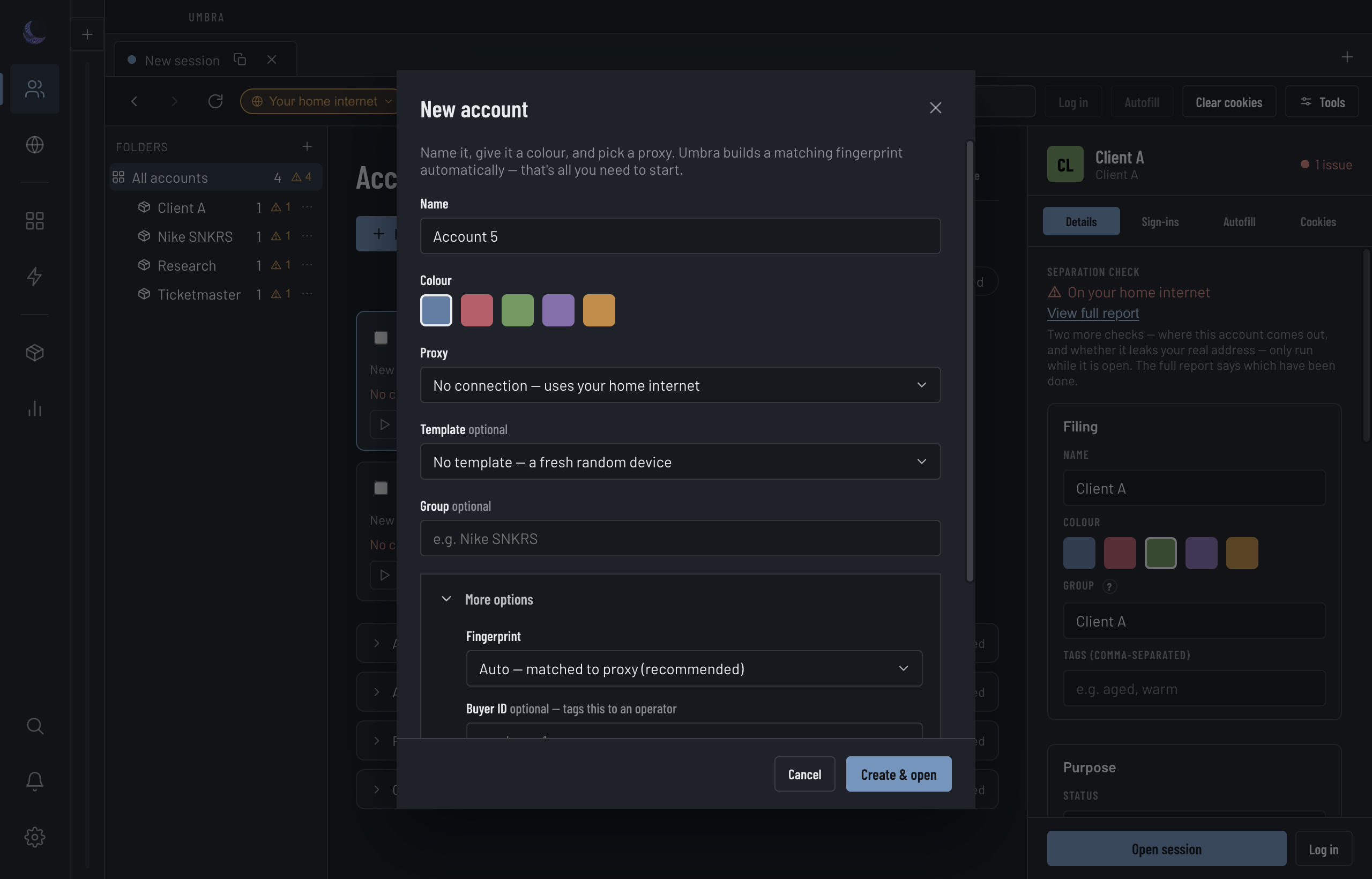 The New account overlay: a name field, colour swatches, a grouped proxy dropdown, an optional template, and a collapsed More options fold.