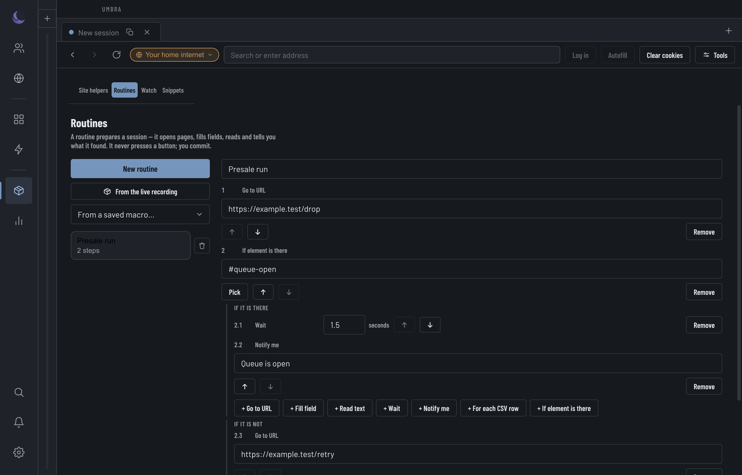 The Routines builder: the step editor on the left, Saved routines and the Runs-on card on the right.