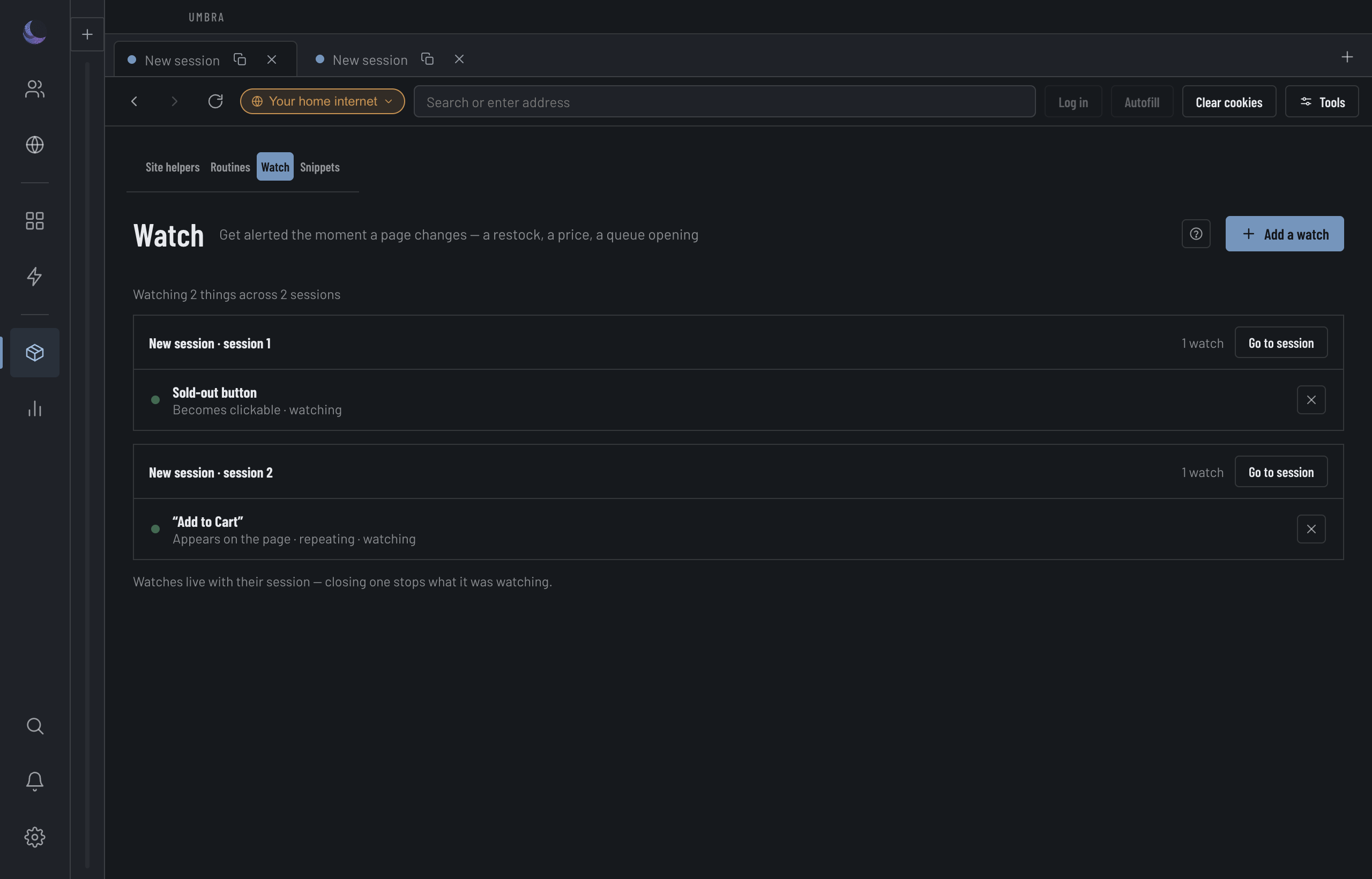 The Watch page: a filter strip above a table of every armed watch, one row each, with its session, host, alert destination and state.